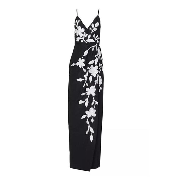Carolina Herrera size 2 Floral Beaded Embroidered Column Gown Dress Black White - Picture 2 of 16